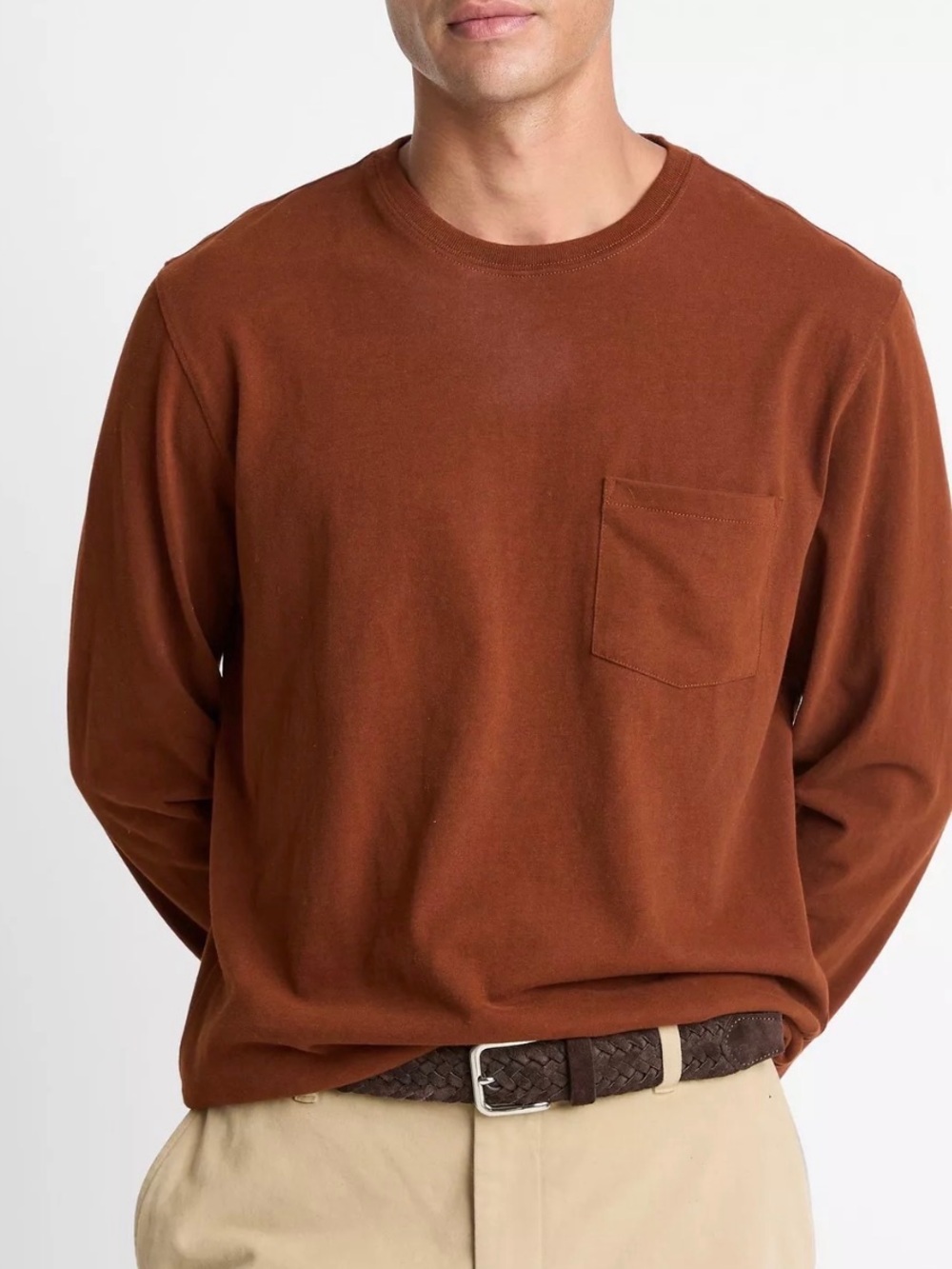 VINCE Sueded Long Sleeve Pocket Tee in Copperhead
